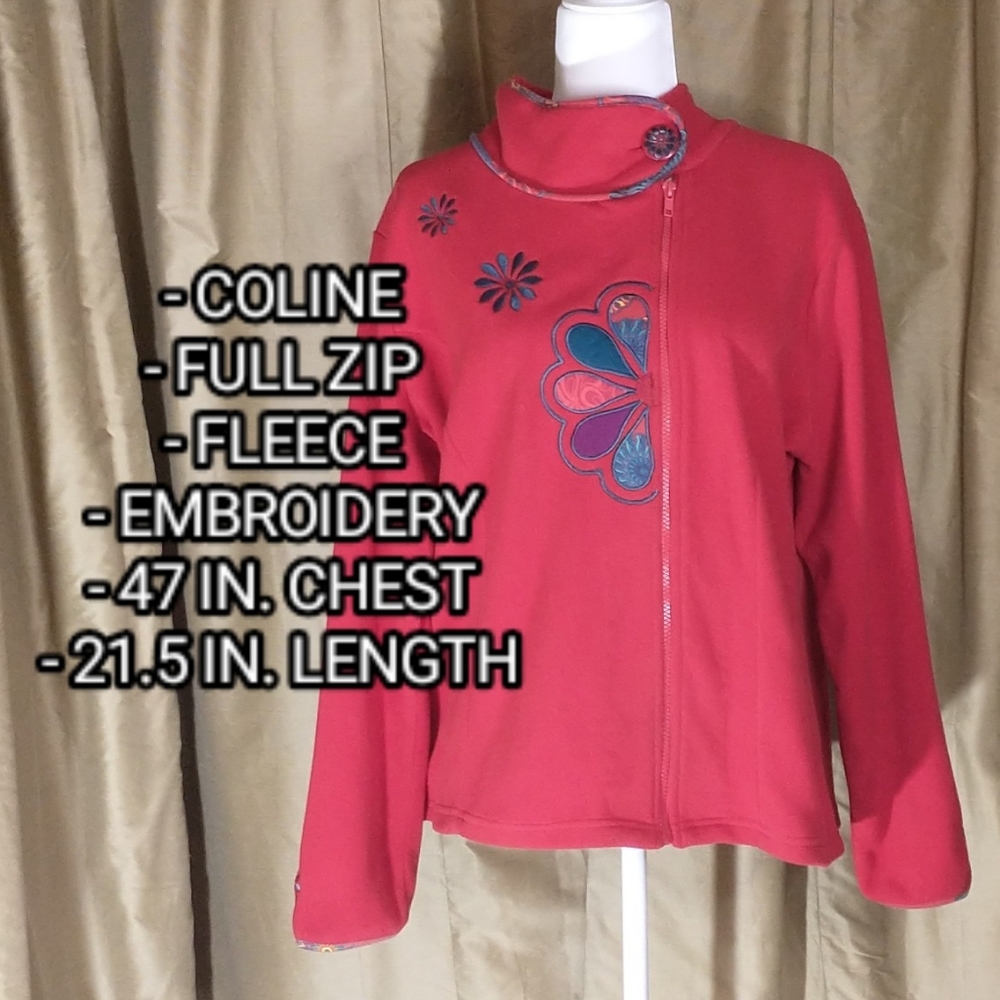 Coline Red Embroidered Floral Fleece Full Zip Jacket. Size Large.